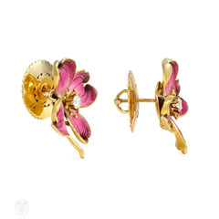 Retro pink enamel and diamond flower earrings