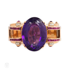 Retro rose gold, amethyst, ruby, and diamond bracelet