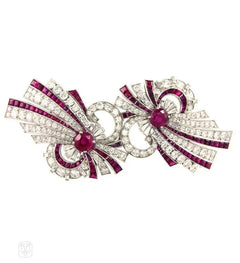 Retro ruby and diamond double clip brooch, Raymond Yard