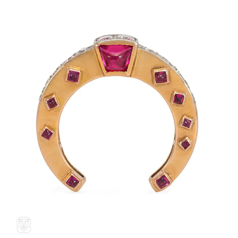 Retro Ruby And Diamond Horseshoe Ring