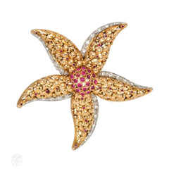 Retro ruby and diamond starfish brooch