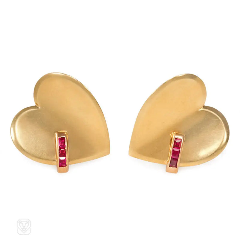 Retro Ruby And Gold Heart Earrings.