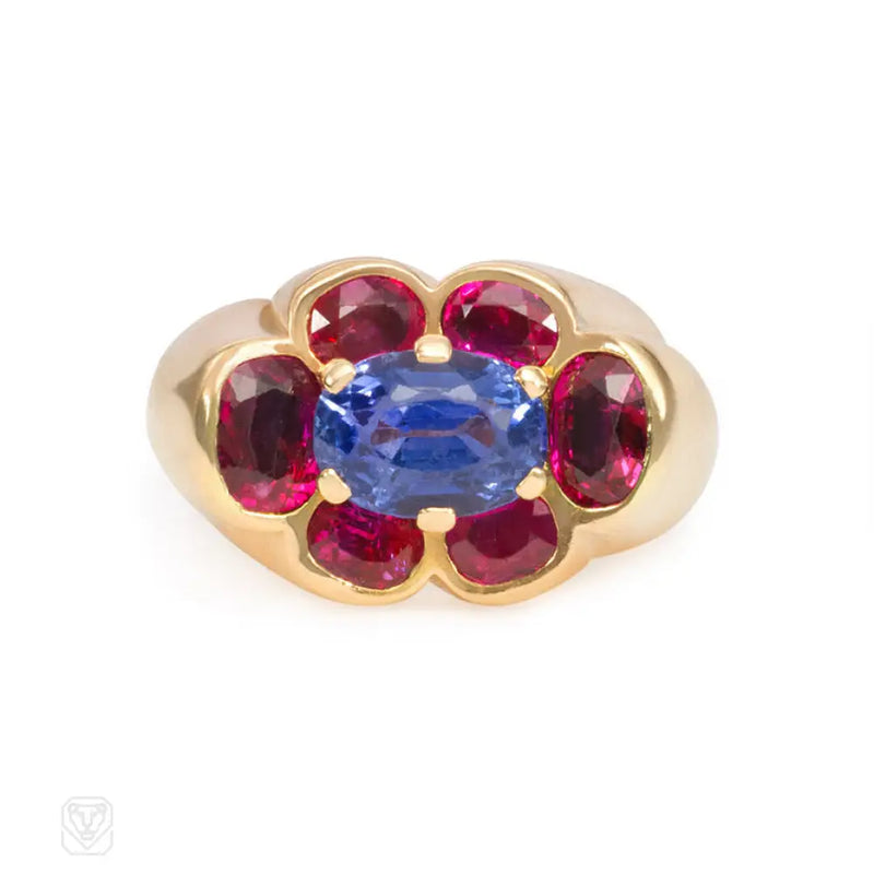 Retro Ruby And Sapphire Cluster Ring Cartier Paris