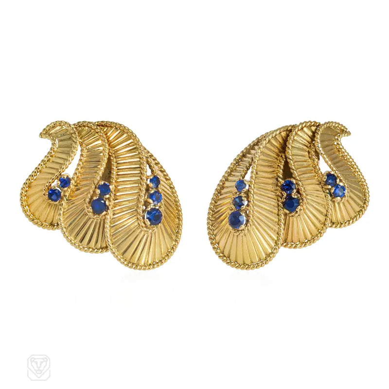 Retro Sapphire And Gold Stylized Paisley Earrings