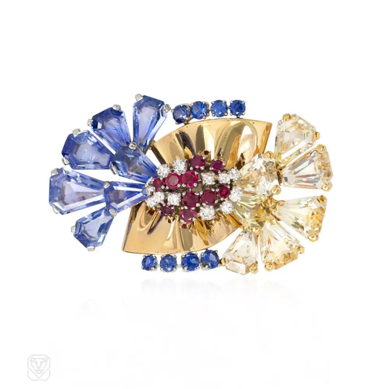 Retro Sapphire Ruby And Diamond Stylized Bowknot Brooch Cartier