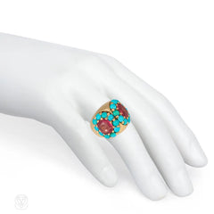 Retro tourmaline, turquoise, and gold double cluster ring