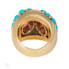 Retro tourmaline, turquoise, and gold double cluster ring