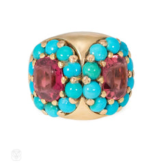 Retro tourmaline, turquoise, and gold double cluster ring