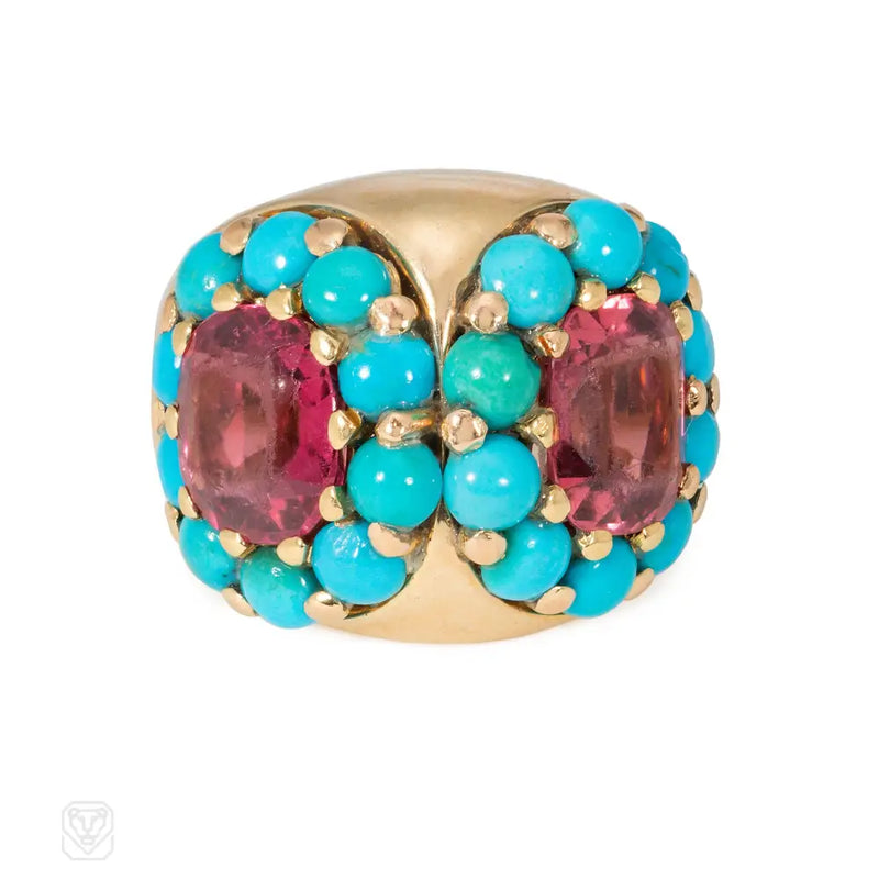 Retro Tourmaline Turquoise And Gold Double Cluster Ring