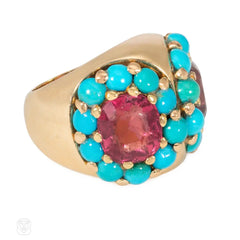 Retro tourmaline, turquoise, and gold double cluster ring