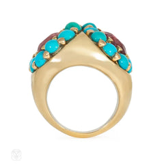 Retro tourmaline, turquoise, and gold double cluster ring