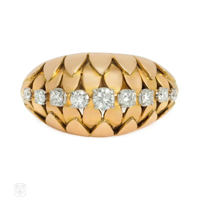 Retro Van Cleef & Arpels rose gold and diamond bombé ring