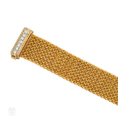 Retro woven gold and diamond strap bracelet, France