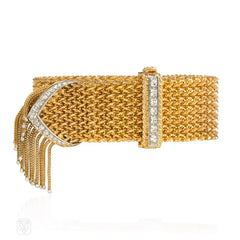 Retro woven gold and diamond strap bracelet, France