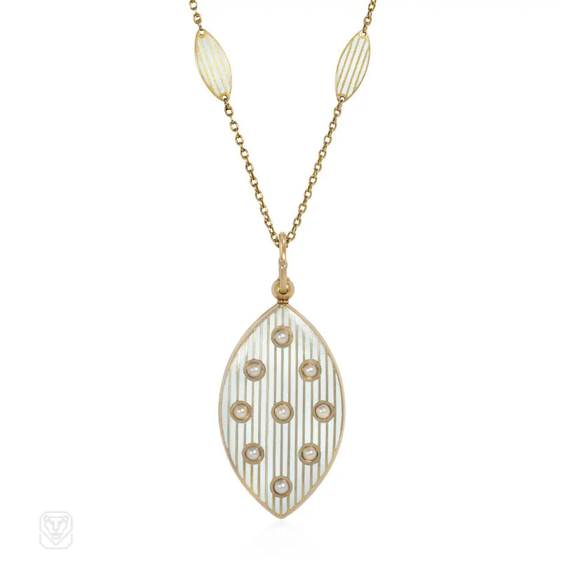 Riker Bros. Antique Enamel And Pearl Locket Necklace