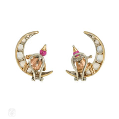 Rubel Retro moonstone and ruby man on the moon earrings