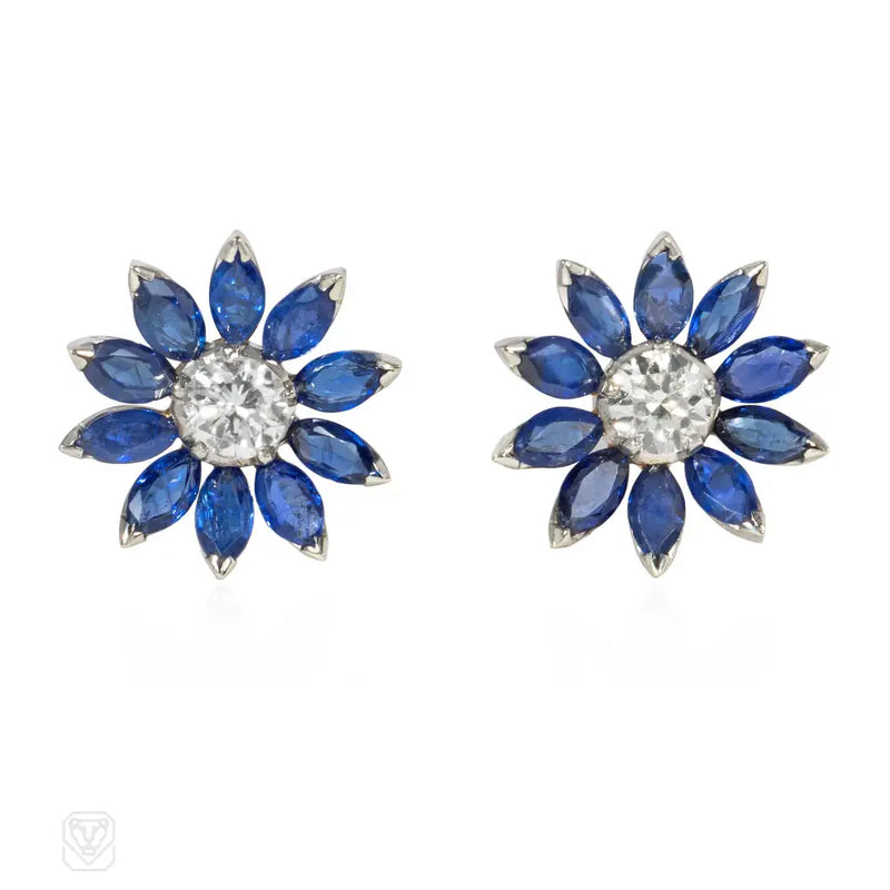 Sapphire And Diamond Flower Cluster Earrings