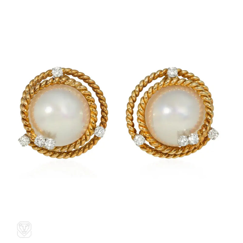 Schlumberger For Tiffany Pearl Gold And Diamond Earrings