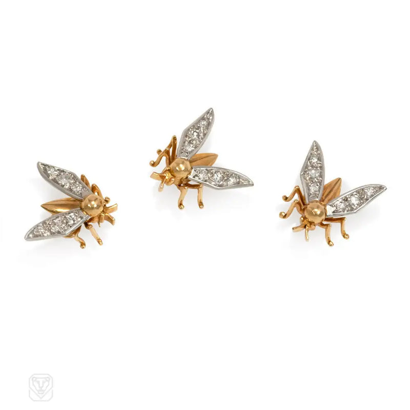 Set Of Retro Gold And Diamond Insect Brooches. France
