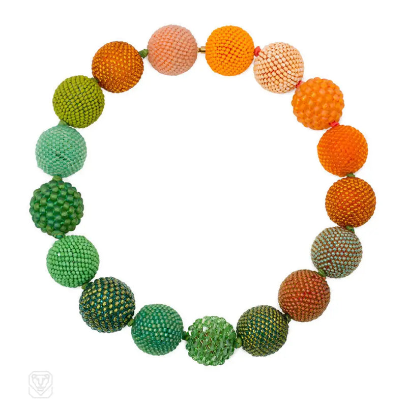 Shades Of Orange And Green Glass Crystal Bead Necklace