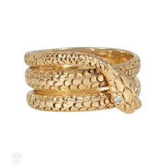 Textured gold and diamond snake ring