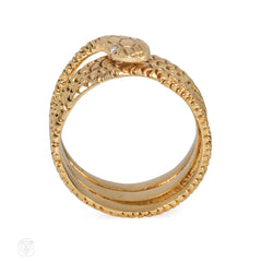 Textured gold and diamond snake ring