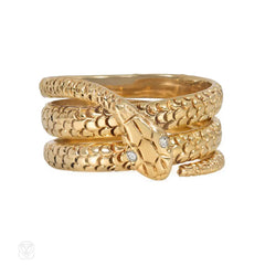 Textured gold and diamond snake ring