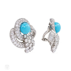 Turquoise and diamond clip earrings