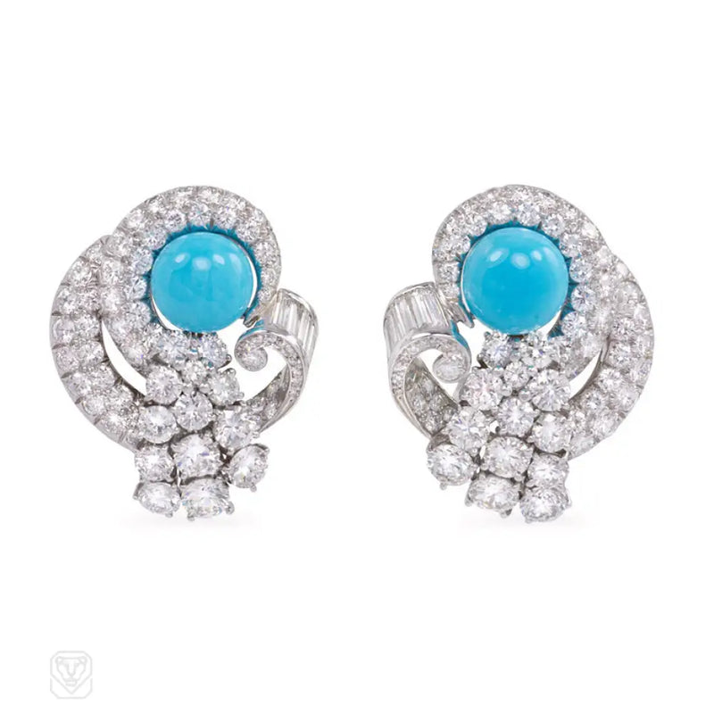 Turquoise And Diamond Clip Earrings