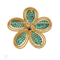 Turquoise and diamond flower brooch pendant