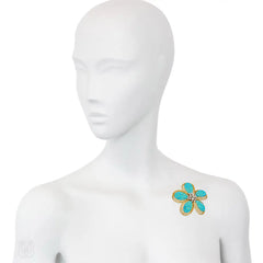 Turquoise and diamond flower brooch pendant