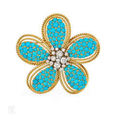 Turquoise and diamond flower brooch pendant