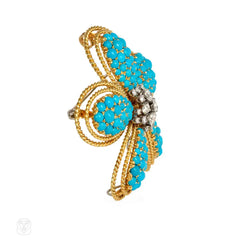 Turquoise and diamond flower brooch pendant