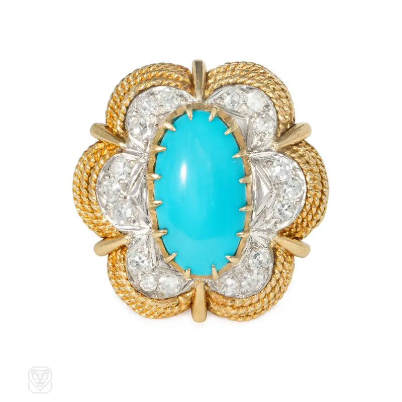 Turquoise And Diamond Scalloped Cocktail Ring