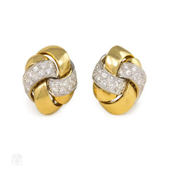 Two-color gold and diamond knot design earrings, Emil Meister