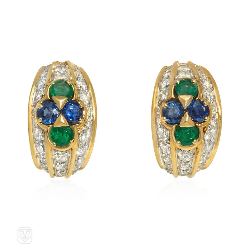 Van Cleef & Arpels Diamond Emerald And Sapphire Earrings