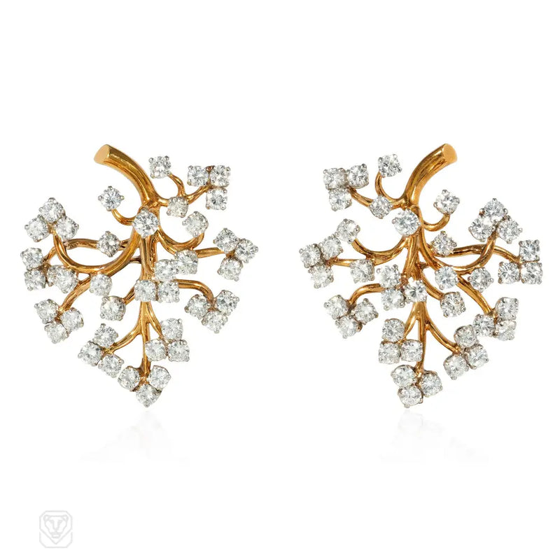 Van Cleef & Arpels France diamond and gold flower spray earrings