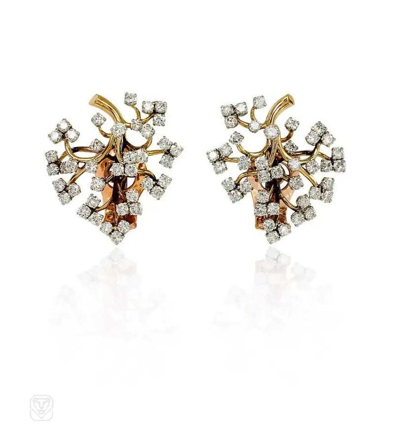 Van Cleef & Arpels France diamond and gold flower spray earrings
