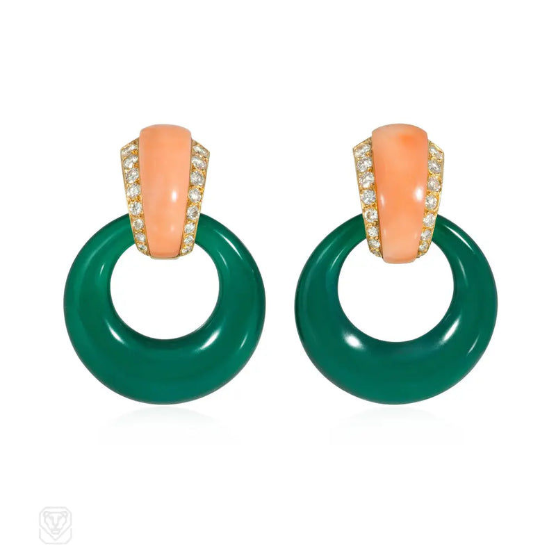 Van Cleef & Arpels Paris coral chrysoprase and diamond doorknocker earrings