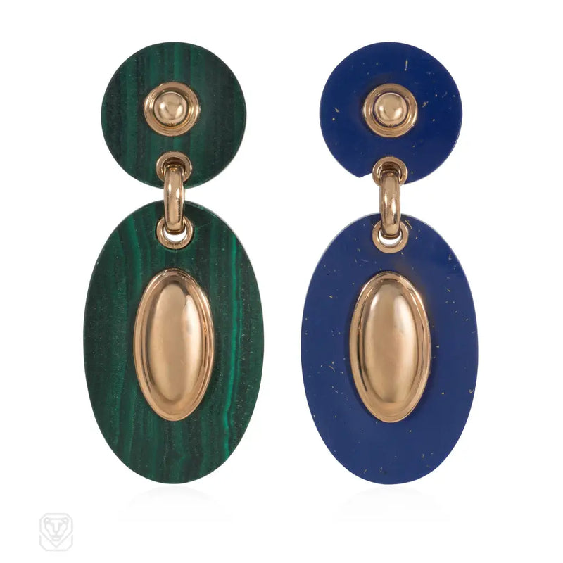 Van Cleef & Arpels Paris Malachite And Lapis Pendant Earrings