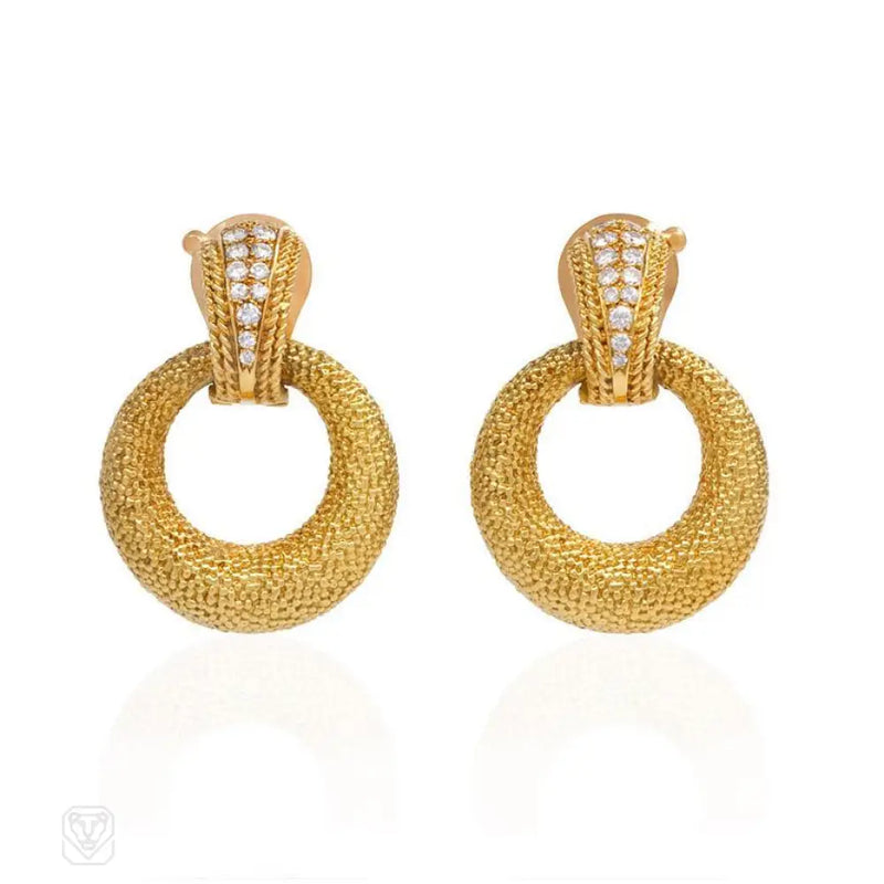 Van Cleef & Arpels Textured Gold Door - Knocker Hoop Earrings