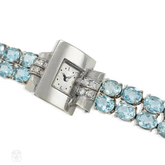 Verger Frères Art Deco aquamarine, diamond, and white gold bracelet watch