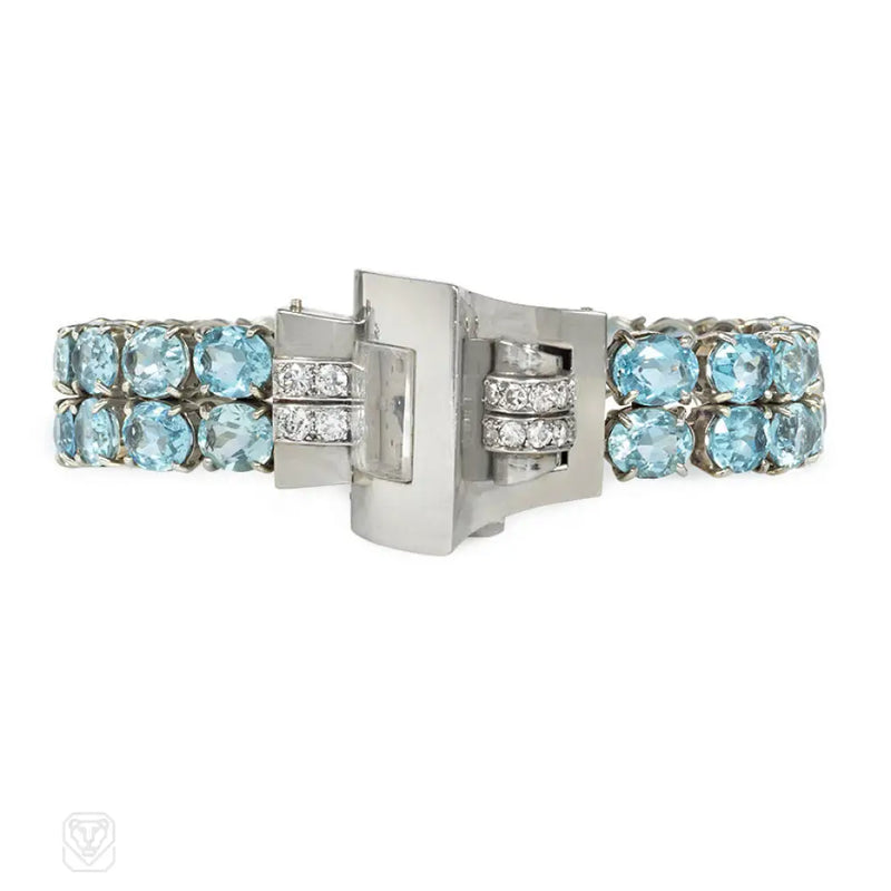 Verger Frères Art Deco Aquamarine Diamond And White Gold Bracelet Watch