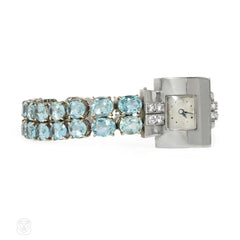 Verger Frères Art Deco aquamarine, diamond, and white gold bracelet watch