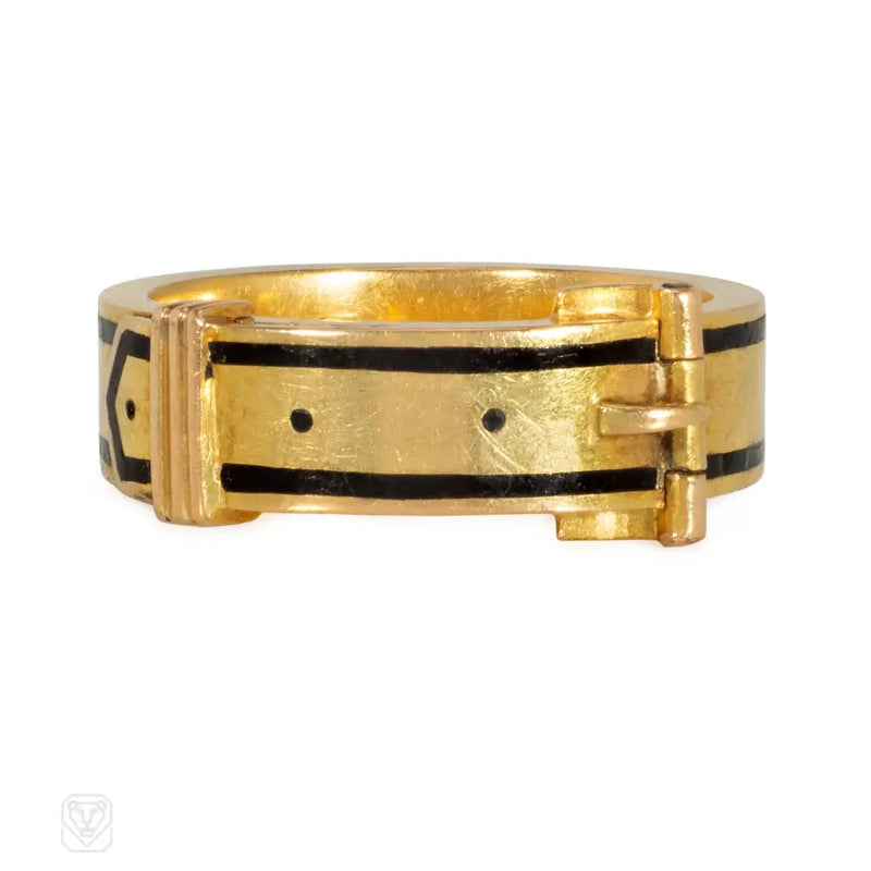 Victorian black enamel and gold belted ring