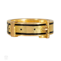 Victorian black enamel and gold belted ring