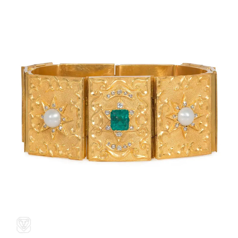 Victorian Emerald And Pearl Star - Set Bracelet With Lockets