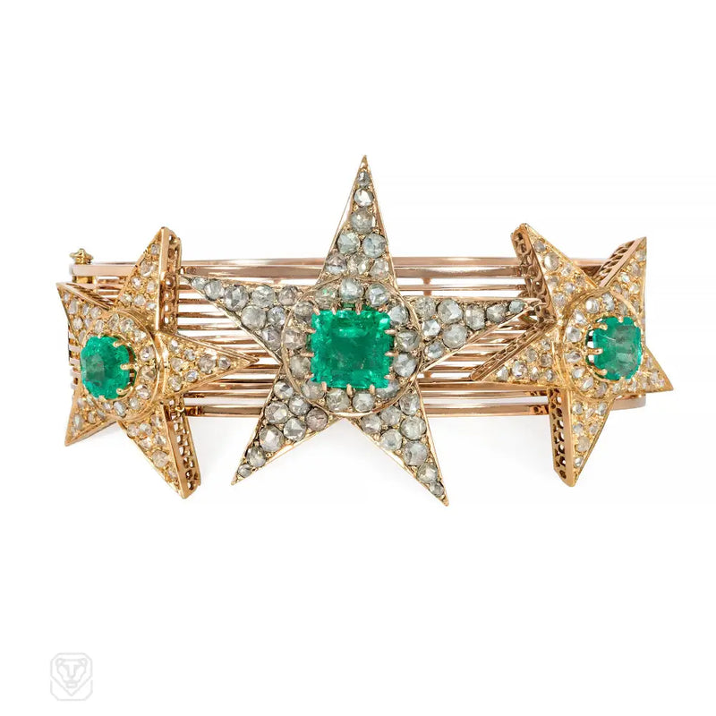 Victorian Emerald Diamond And Gold Star Bracelet