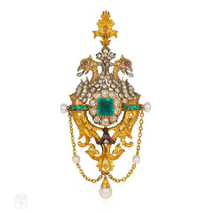 Victorian emerald, pearl and diamond griffin pendant/brooch