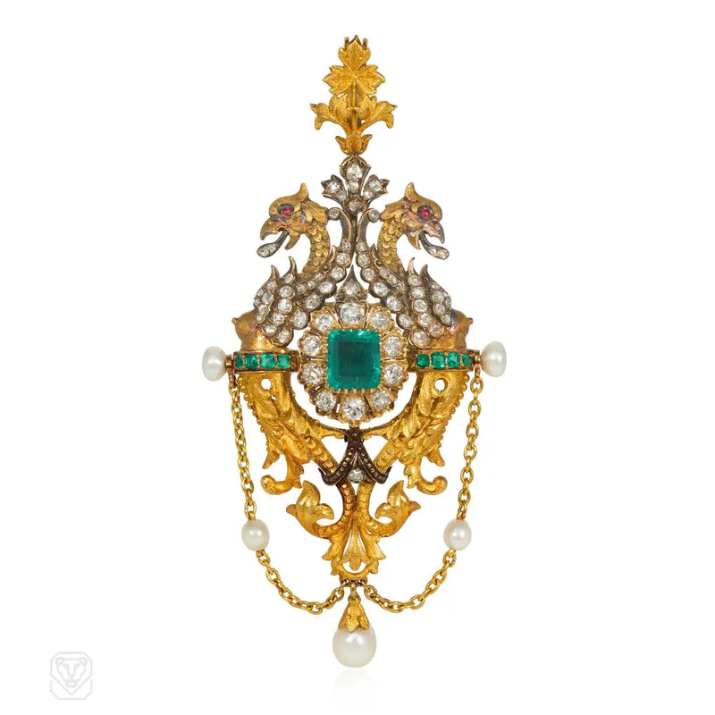 Victorian Emerald Pearl And Diamond Griffin Pendant/Brooch
